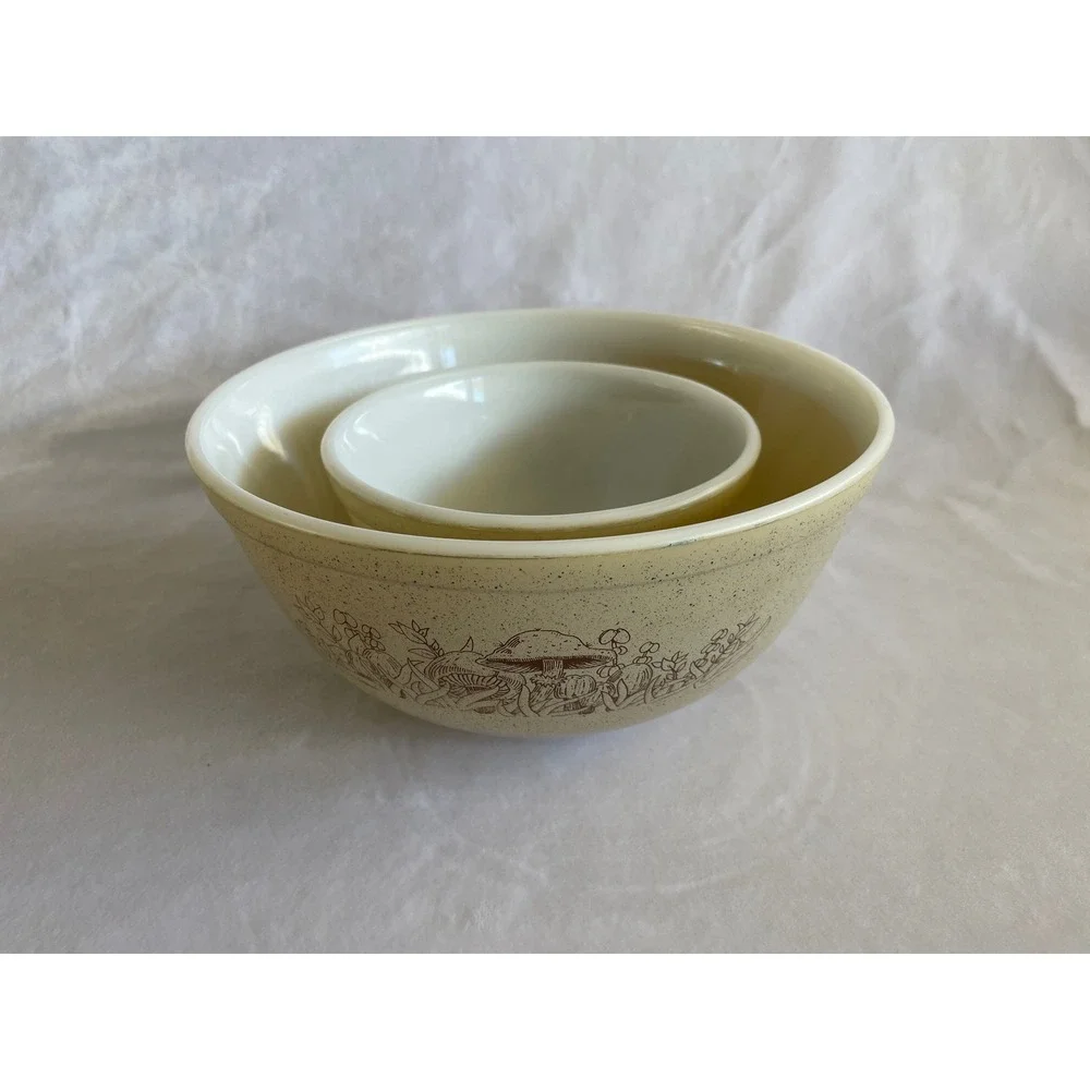 Pyrex Forest Fancies Mushroom Mixing Bowl Set‎ 401 403 Vintage Tan Speckled 2pc